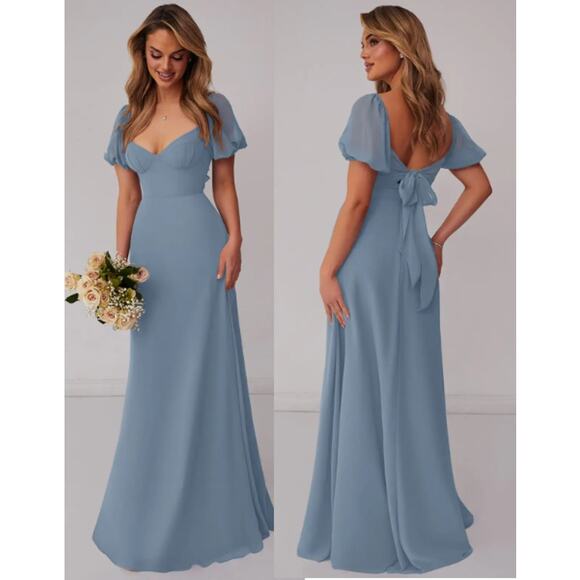 NWT Barbie x Azazie Chiffon A-Line Dress with Puff Sleeve Dusty Blue Women's 6A - Picture 1 of 8